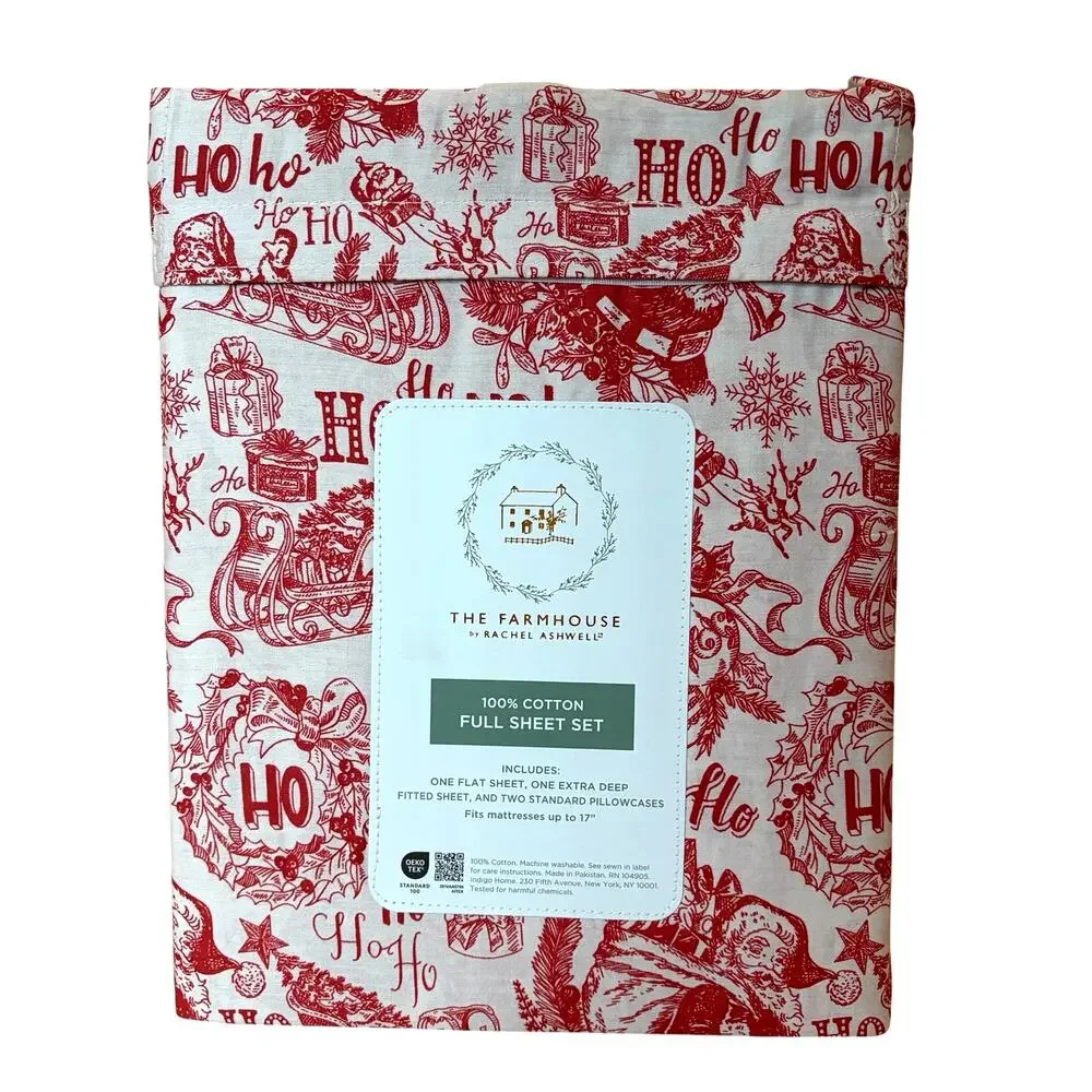 Farmhouse by Rachel Ashwell HO HO HO Santa FULL 4pc Sheet Set Cotton NEW